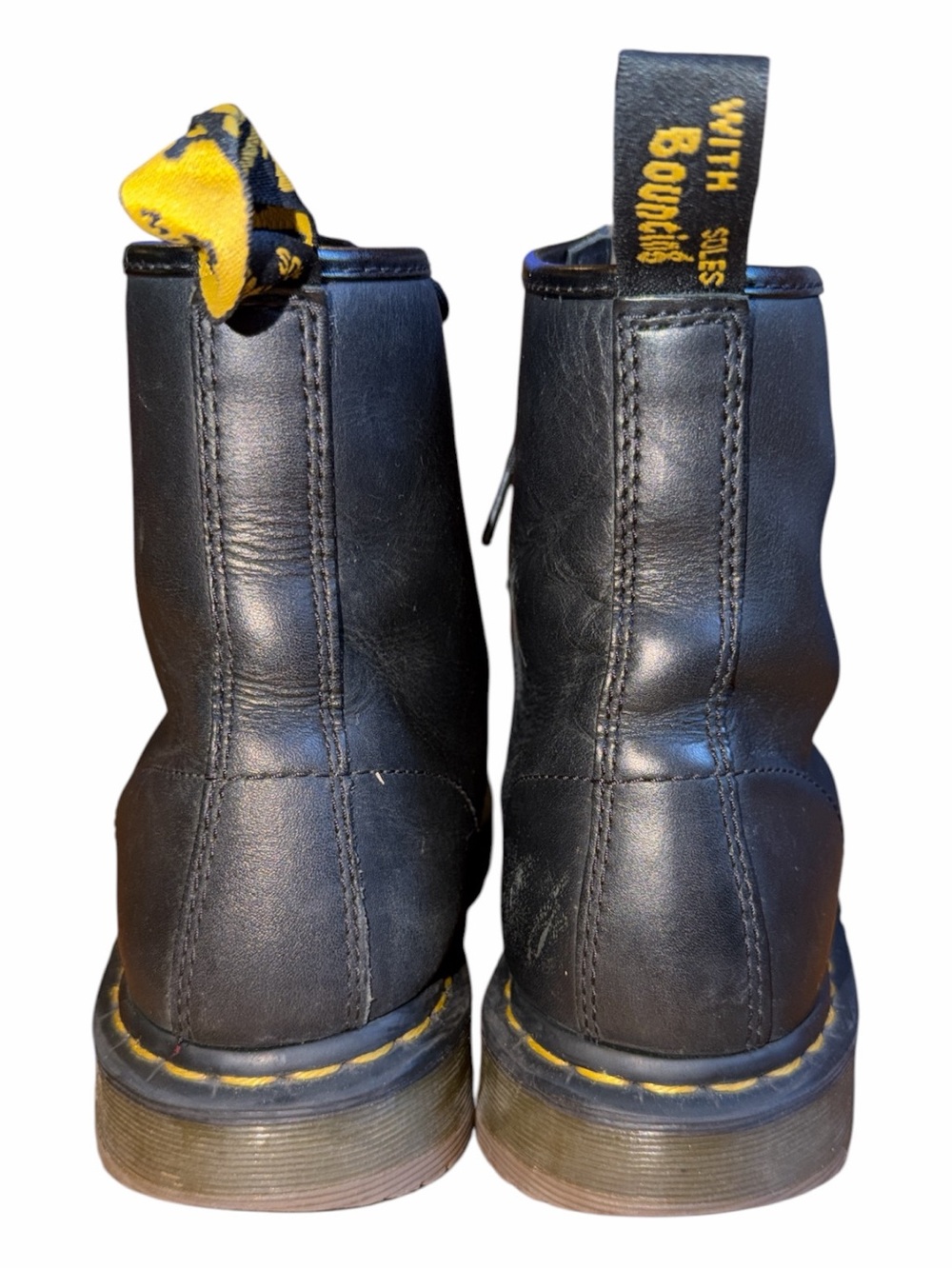 Dr. Martens Black Leather Lace-Up Work Boots with Yellow Stitching - Picture 3 of 5